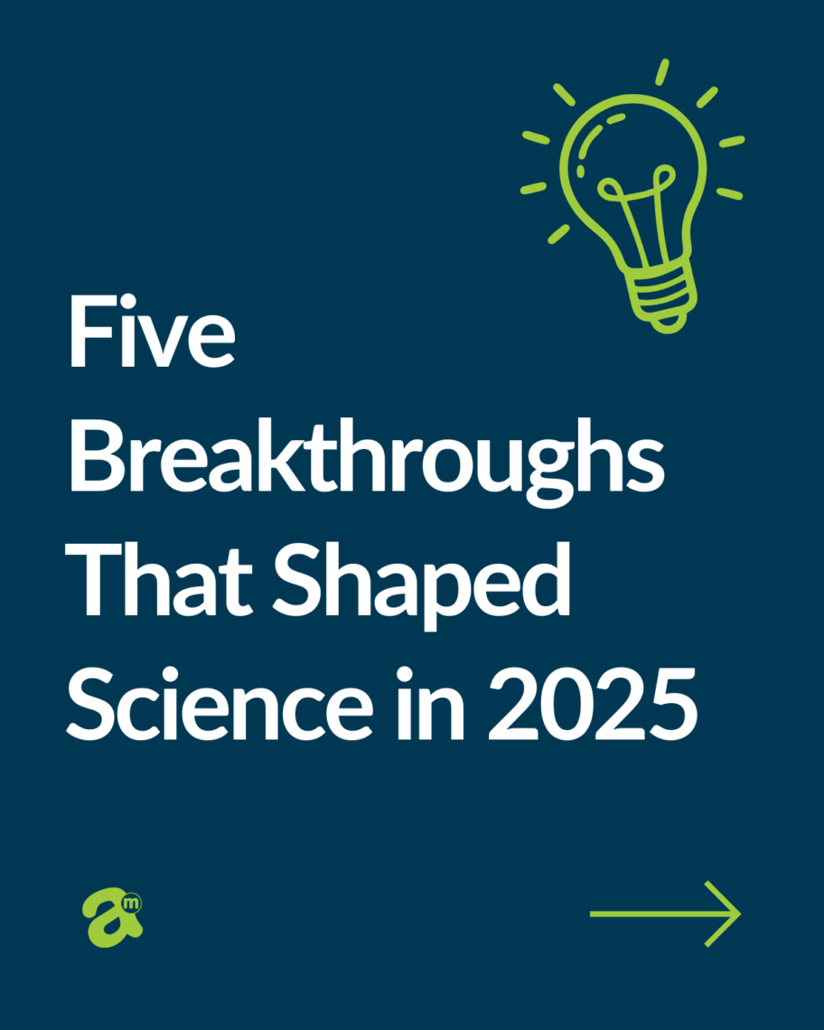 The words 'Five breakthroughs that shaped science in 2025", written in white on a navy blue background. There is a lightbulb drawing in the top right, in lime green,